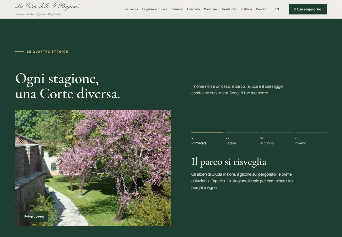Sezione delle quattro stagioni con il parco in primavera, il selettore stagionale e il racconto della fioritura