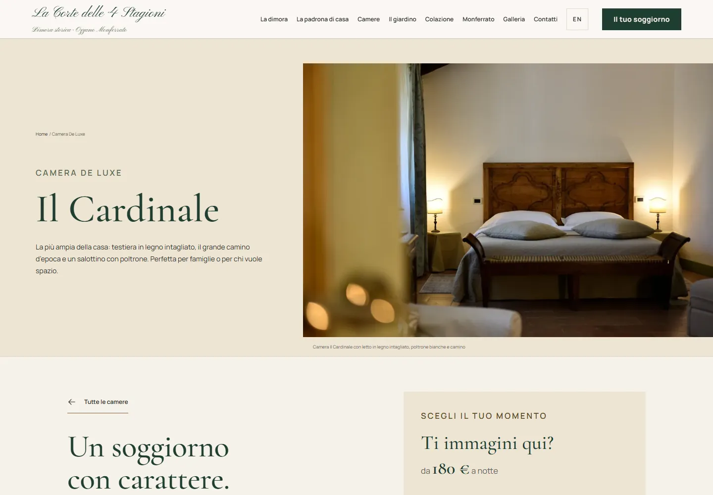 Scheda della camera Il Cardinale con fotografie degli arredi e informazioni sul soggiorno