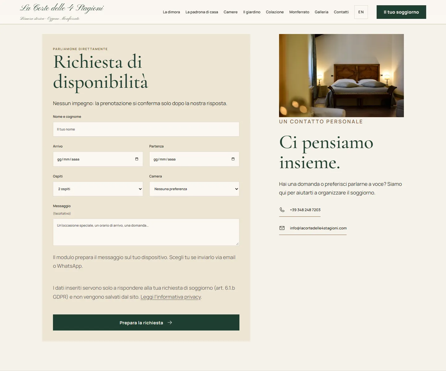 Modulo di richiesta disponibilità con nome, date, ospiti, preferenza camera e indicazione della risposta personale