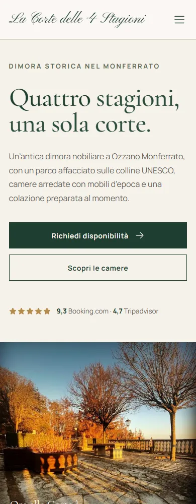 Home su telefono con navigazione compatta, testo introduttivo, pulsanti di contatto e fotografia autunnale